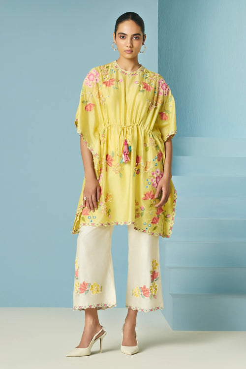 Butter Yellow Embroidered Kaftan With Pants