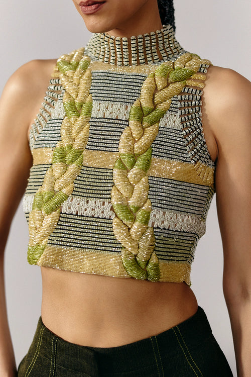 3D Knit Mesh Striped Crop Top