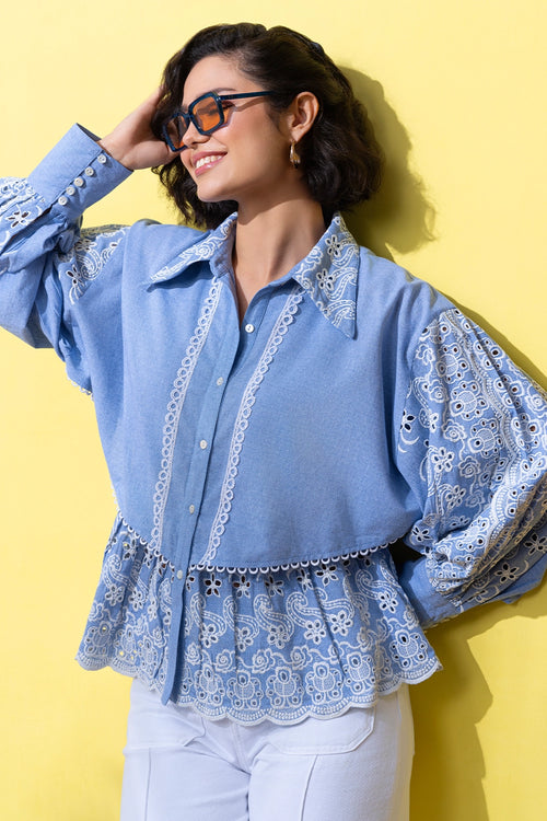 Chambrey Blue Broderie Anglais Blouse