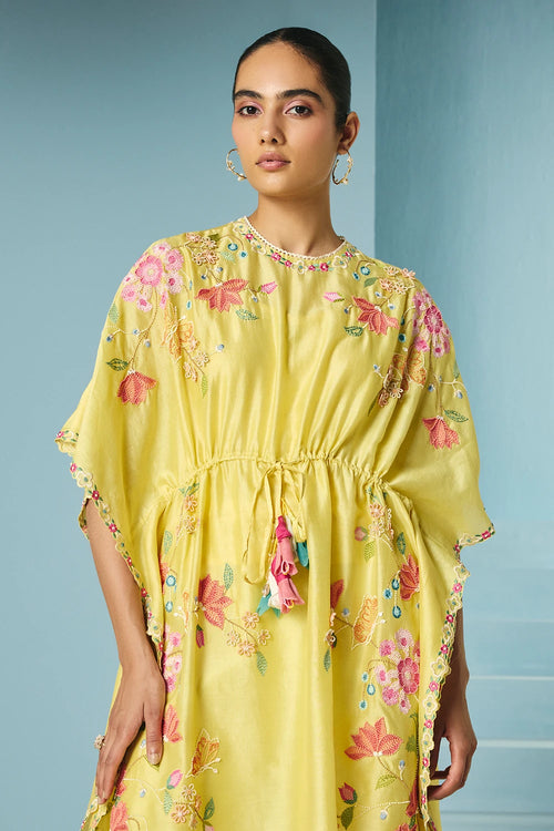 Butter Yellow Embroidered Kaftan With Pants