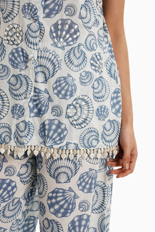 Cotton White Blue Sea Shells Jacket and Pants