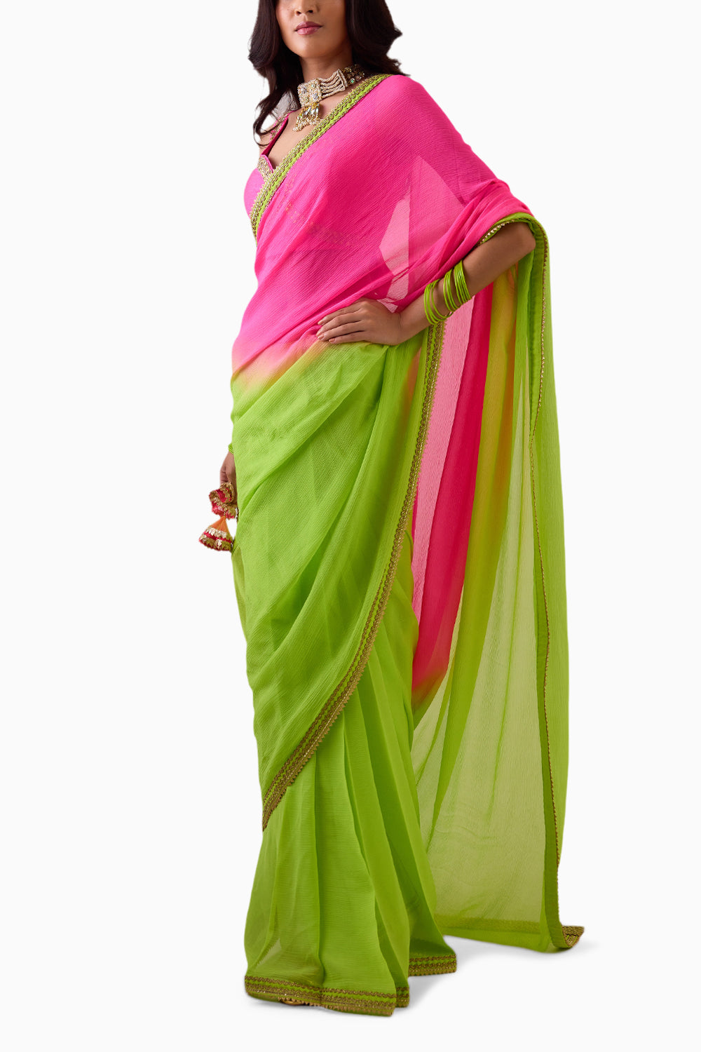 Ombre Pink-Green Silk Chiffon Saree