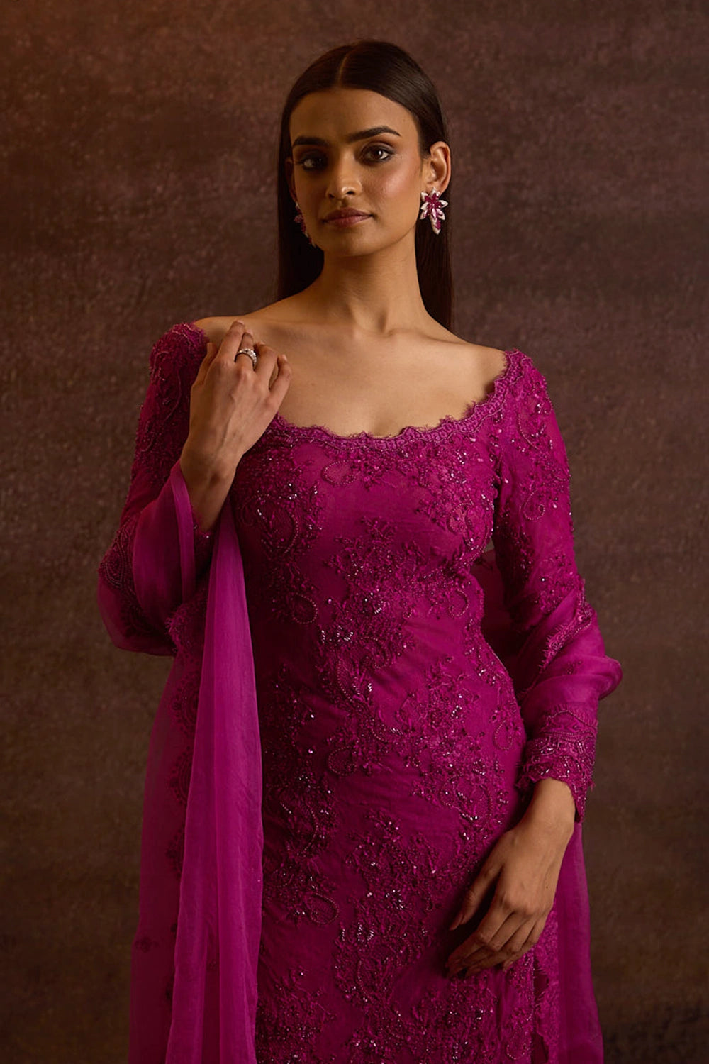 Caksani Magenta Pink Embellished Straight Fit Kurta Set