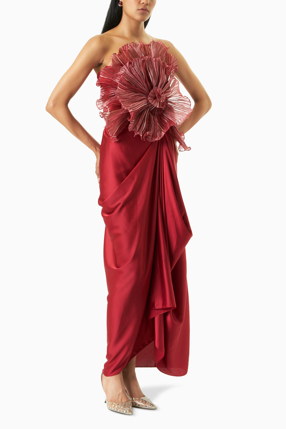 Camellia Red Top With Drape Skirt