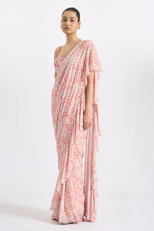 Blush Floral Ruffled Saree Set