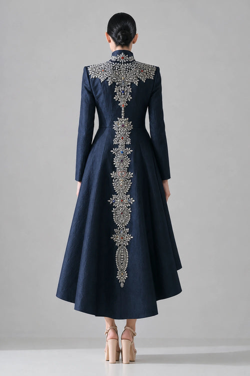 Navy Blue High-Low Dress Defined By Artisanal Embroidery