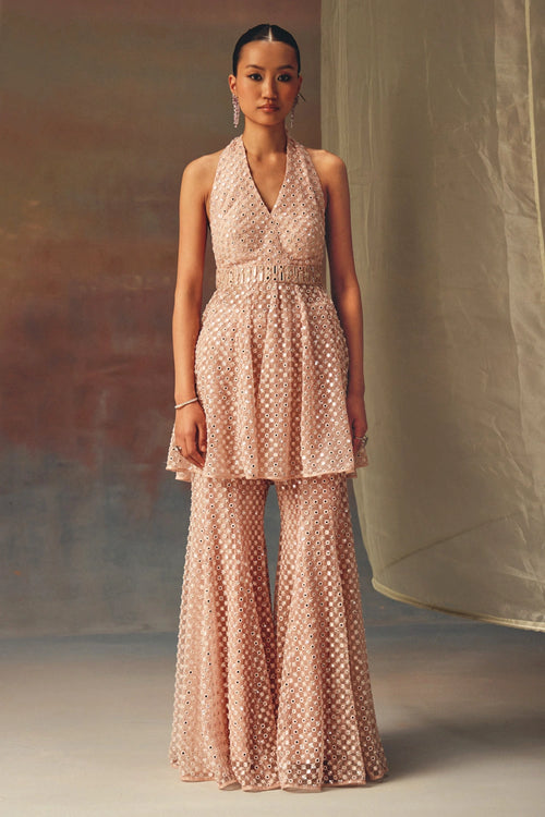 Blush Pink Short Halter Neck Tunic with Bootcut Pants