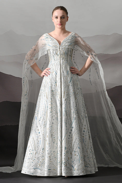 Ivory Sculpted Gown With All-Over Embroidery Handwork