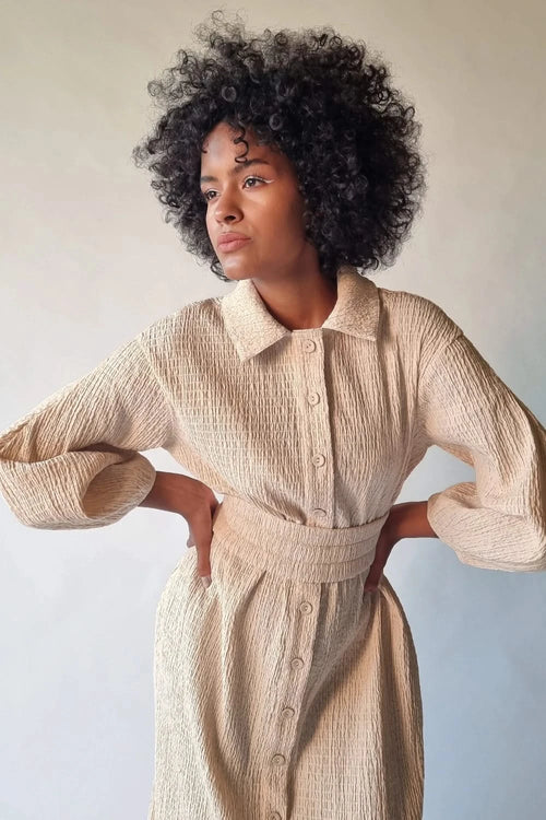 Aged Ivory Ripple Lycra Cotton Dress
