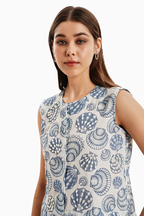 Cotton White Blue Sea Shells Jacket and Pants