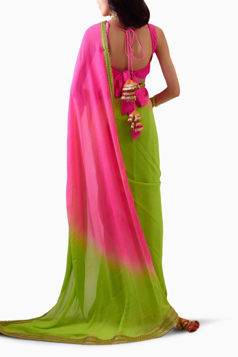 Ombre Pink-Green Silk Chiffon Saree