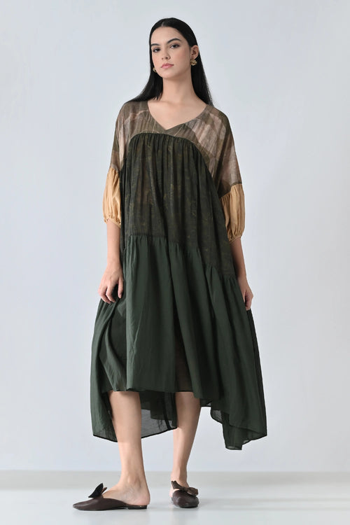 Olive Green Drift Printed High Low Gathered Dress
