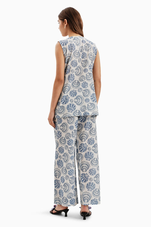 Cotton White Blue Sea Shells Jacket and Pants