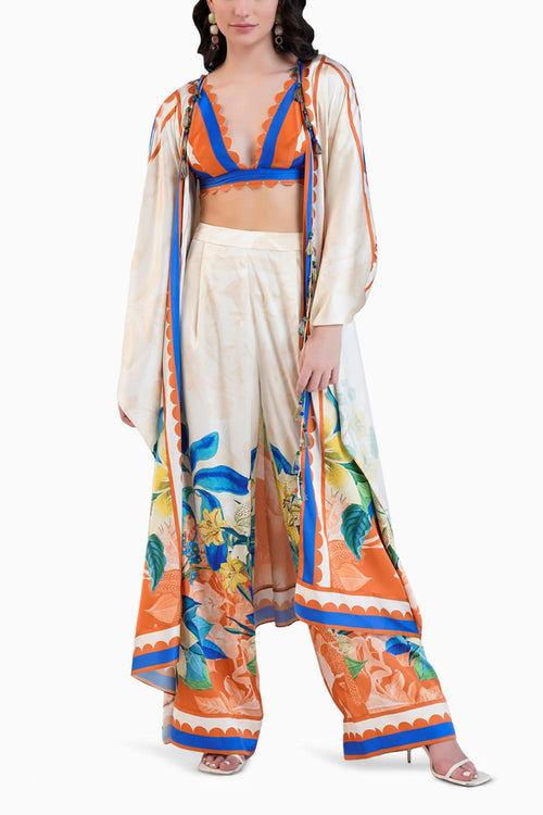 Vivid Floral Printed Cape, Pants And Bustier With Scallop Neckline
