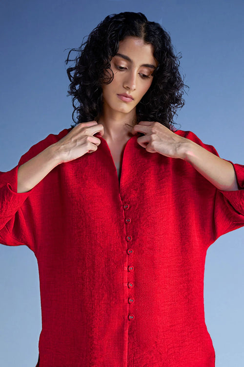 Buttoned Cuff Linen-Textured Shirt and Wide-Legged Pant Set
