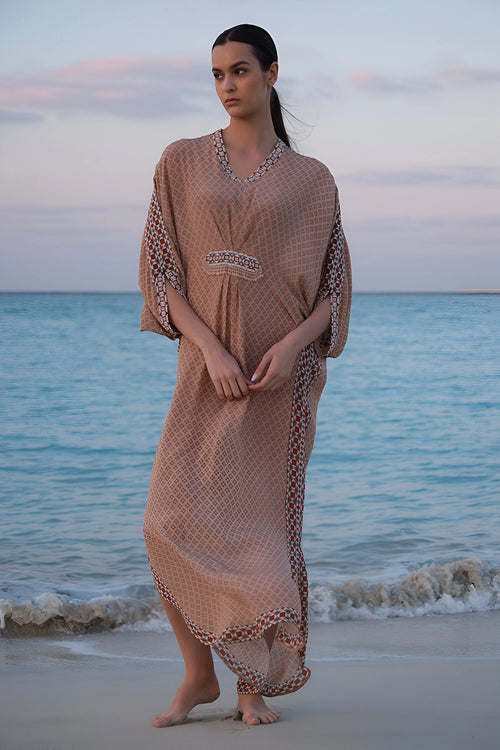 Peach Printed Moti Work Kaftan