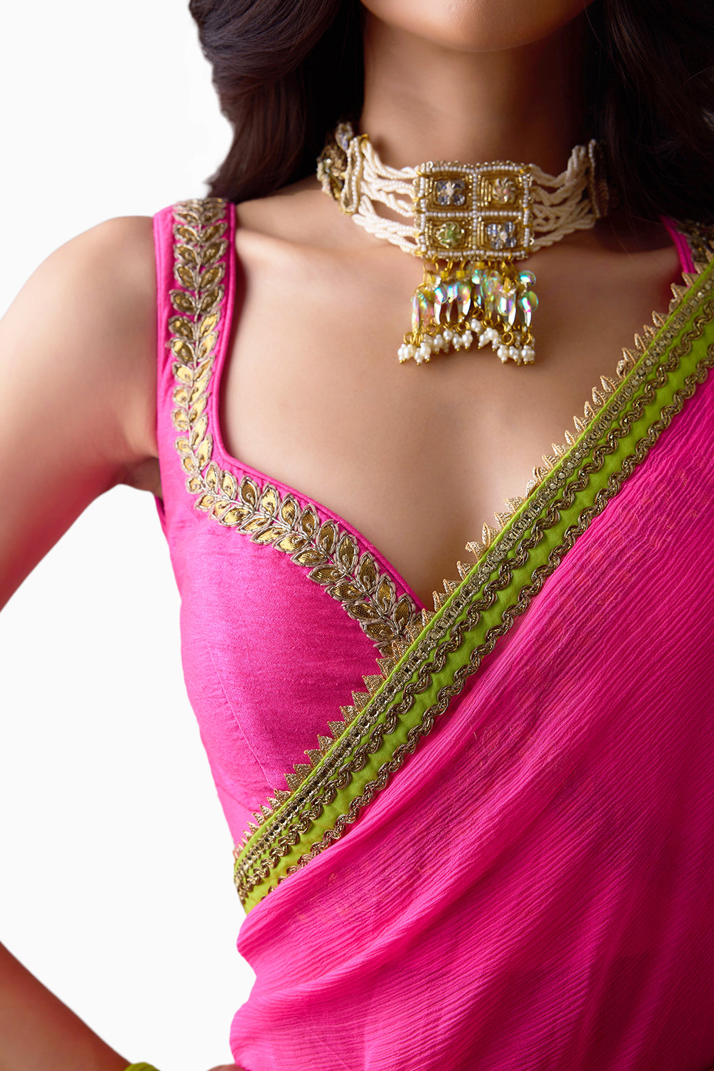 Ombre Pink-Green Silk Chiffon Saree