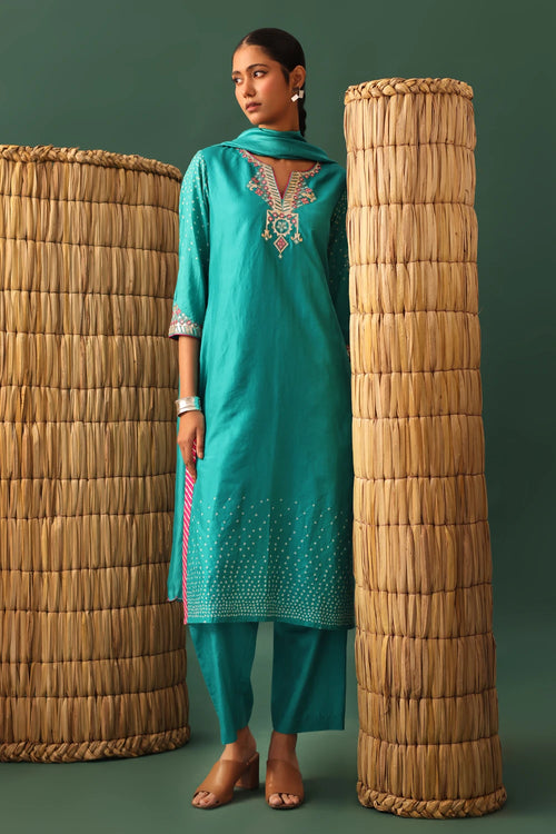 Blue Bandhani Hand Cut Gota Suit Set