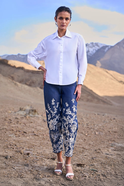 Back Knot Shirt with Denim Embroidered Pant