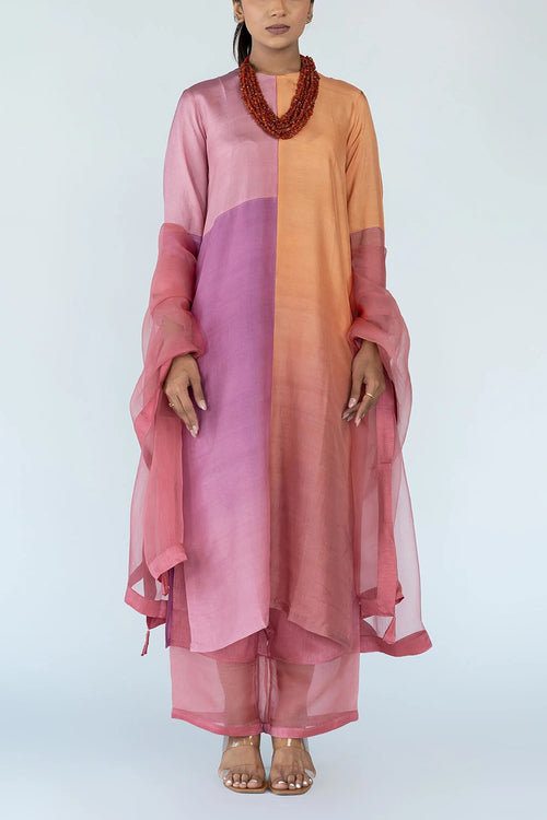 Peach Mauve Ombre Color Block Kurta Set