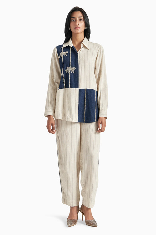 Beige Stripes Herringone Panel Shirt And Pants Set