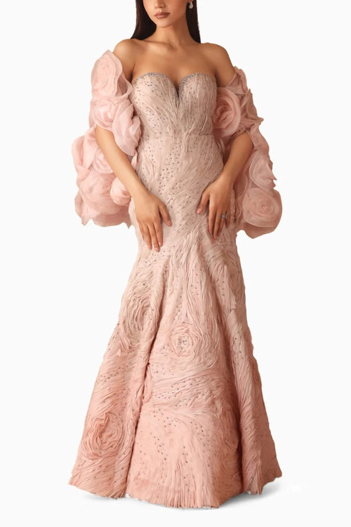 Ombre Textured Gown With 3D Flower Cape