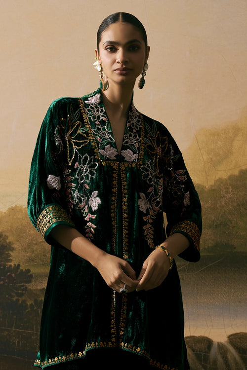 Emerald Green Metallic Kimono Tunic With Pants