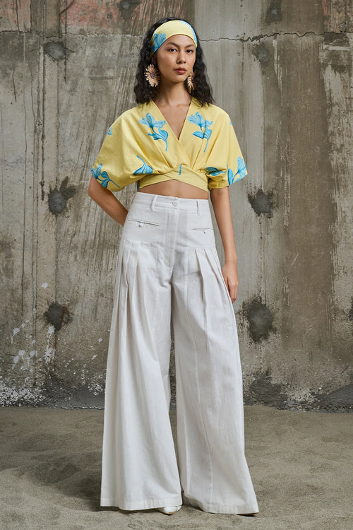 Sunlit Bloom Cropped Top With Pleated Trousers