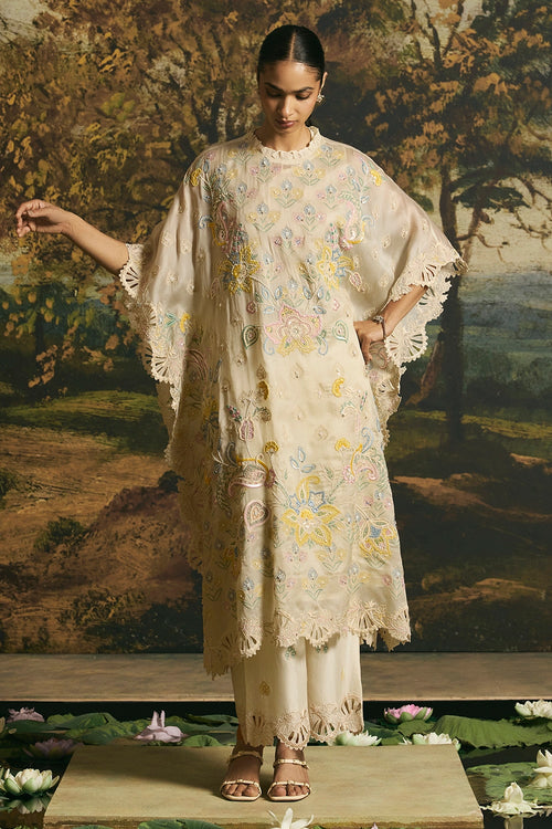 Ivory Paisley Detail Kaftan With Floral Straight Pants