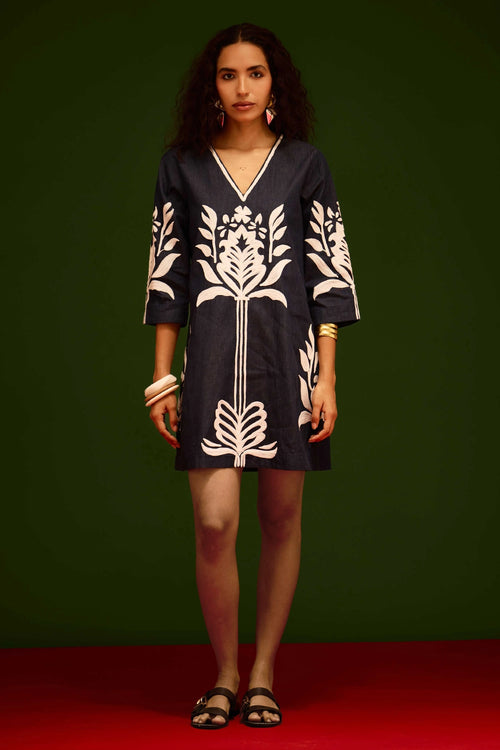 Blue Denim Shift Dress with Ivory Tulip Thread Embroidery