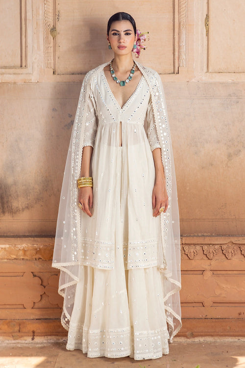 Off White Three Line Embroidered Kurta with Lehenga and Dupatta