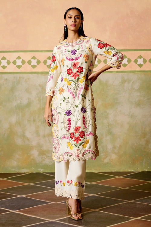 Ivory Floral Threadwork and Cutwork Kurta with Pants