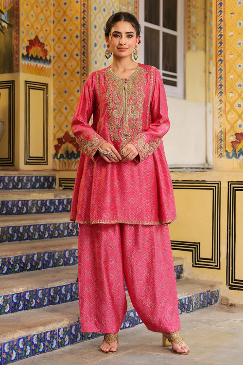 Ahista Pink Printed Pheran Short Kurta Set