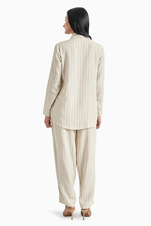 Beige Stripes Herringone Panel Shirt And Pants Set