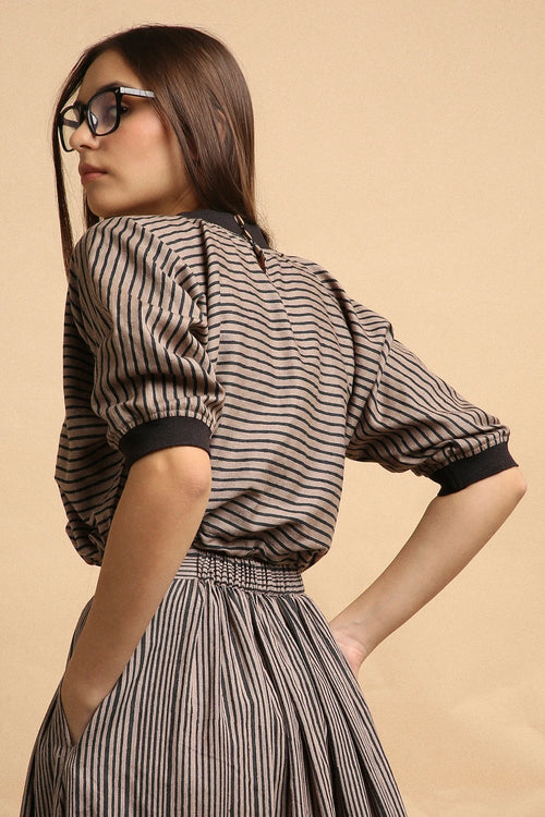 Grey Thin Striped New Sphara Crop Top And Skirt Co-ord Set