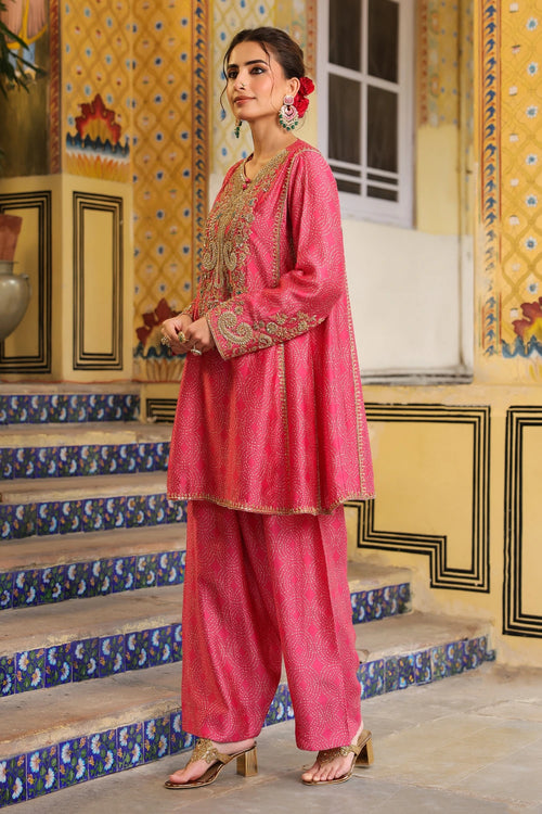 Ahista Pink Printed Pheran Short Kurta Set