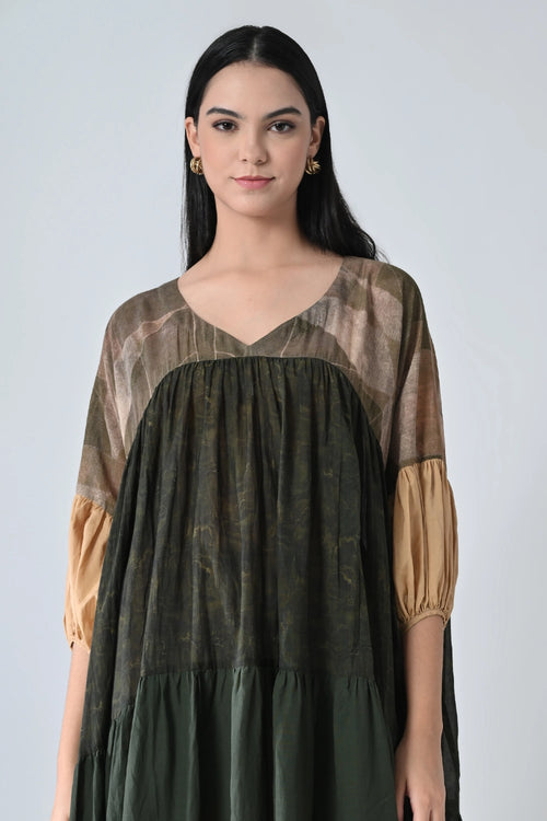 Olive Green Drift Printed High Low Gathered Dress