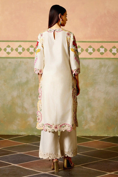 Ivory Floral Threadwork and Cutwork Kurta with Pants