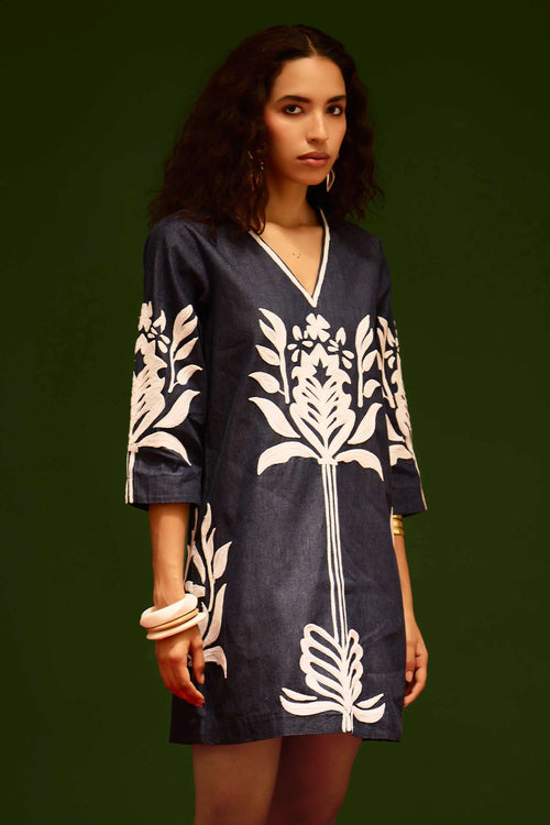 Blue Denim Shift Dress with Ivory Tulip Thread Embroidery