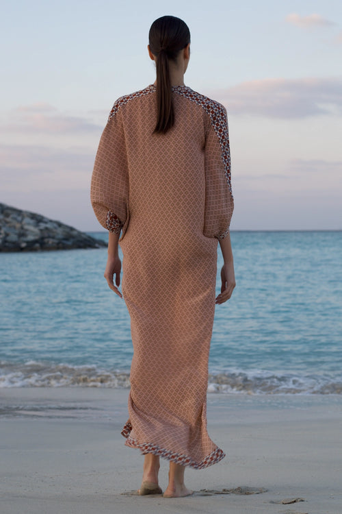 Peach Printed Moti Work Kaftan