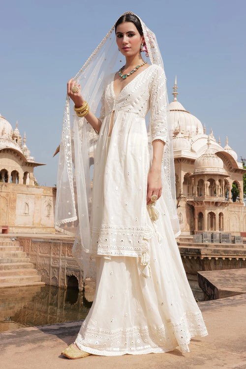Off White Three Line Embroidered Kurta with Lehenga and Dupatta