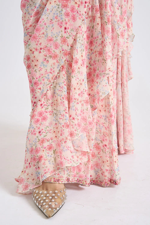 Blush Floral Ruffled Saree Set