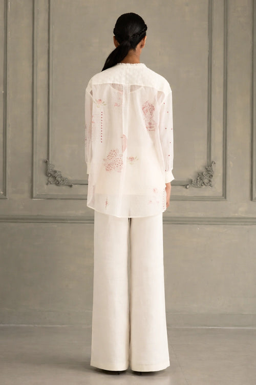 Ivory Embroidered Mul Chanderi Shirt And Linen Pants Set