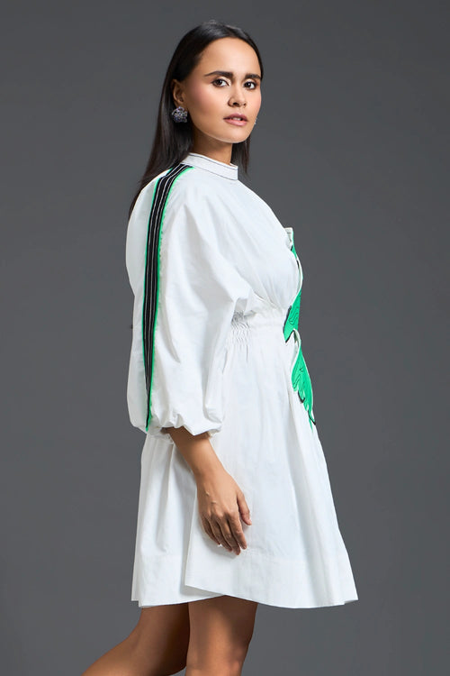 White Neon Patch Gathered Dress