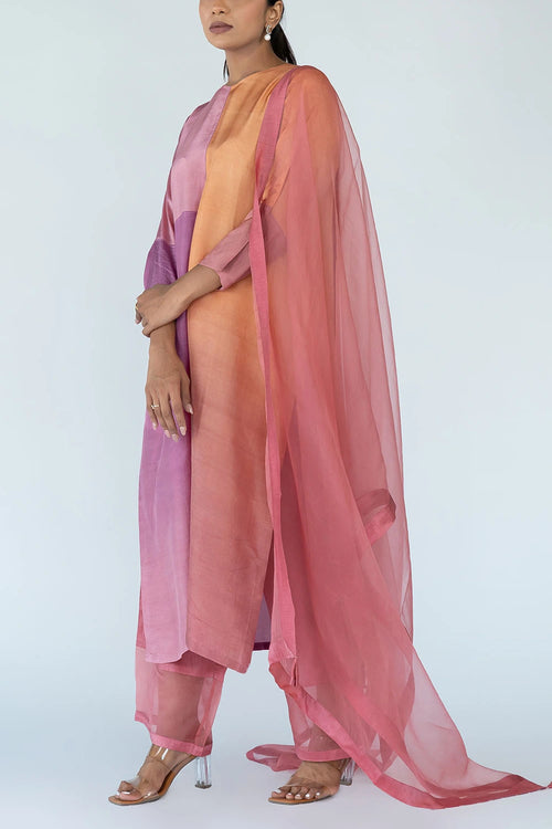 Peach Mauve Ombre Color Block Kurta Set