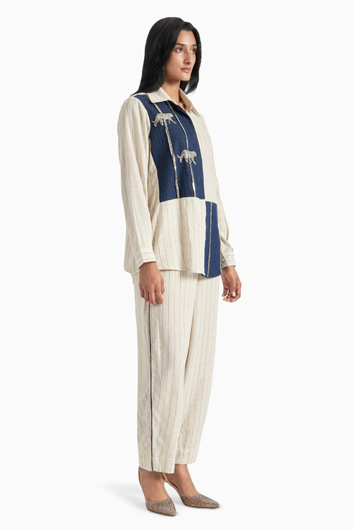 Beige Stripes Herringone Panel Shirt And Pants Set
