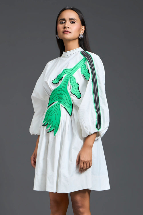 White Neon Patch Gathered Dress