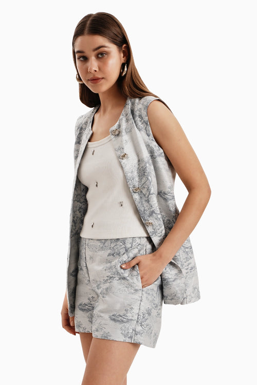 Blue Grey Silk Jacquard Shorts