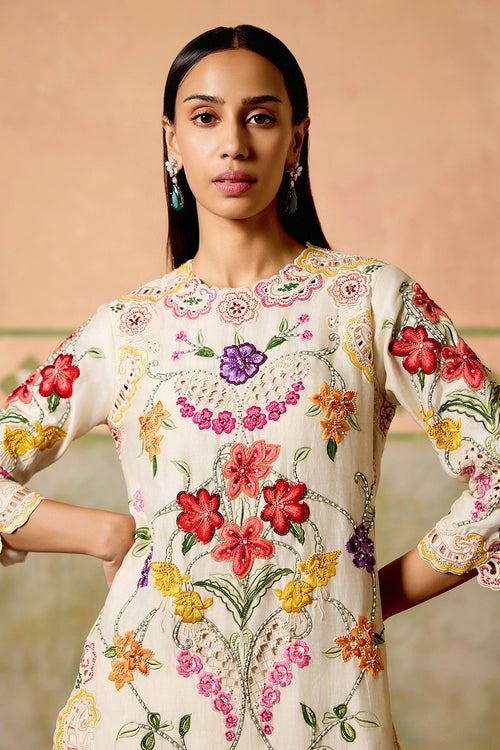 Ivory Floral Threadwork and Cutwork Kurta with Pants