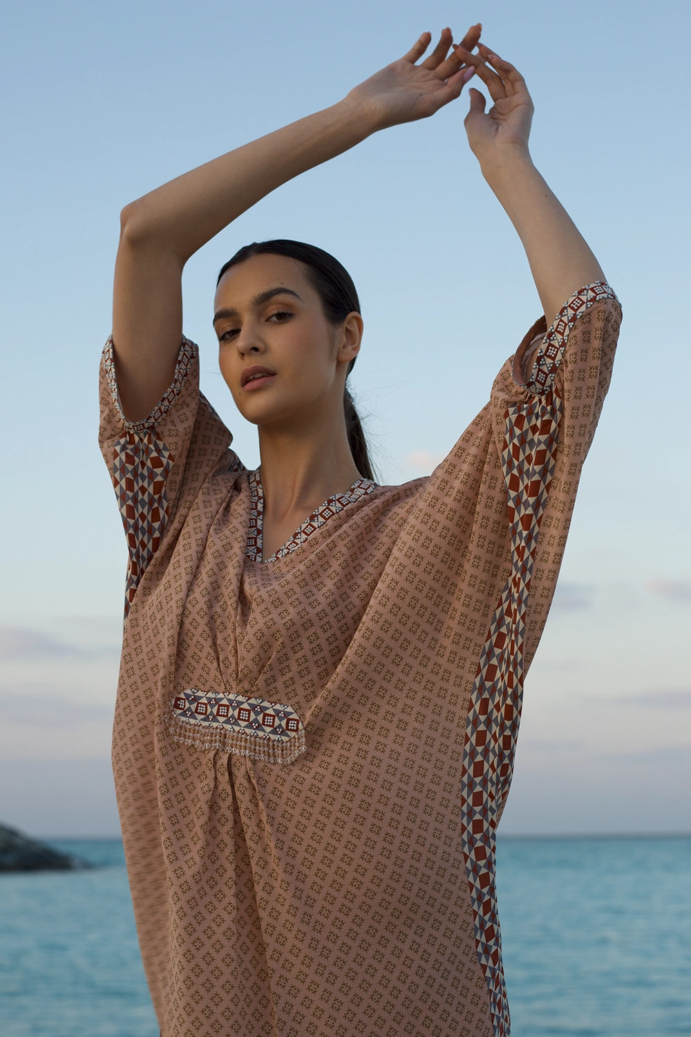 Peach Printed Moti Work Kaftan